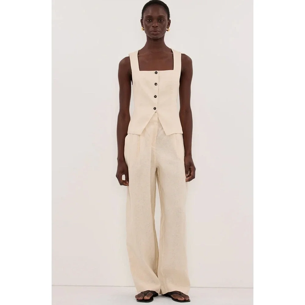 DISSH Fran Standstone Linen 2 Piece Set Sz 6 Coastal Vest Wide Leg Trousers